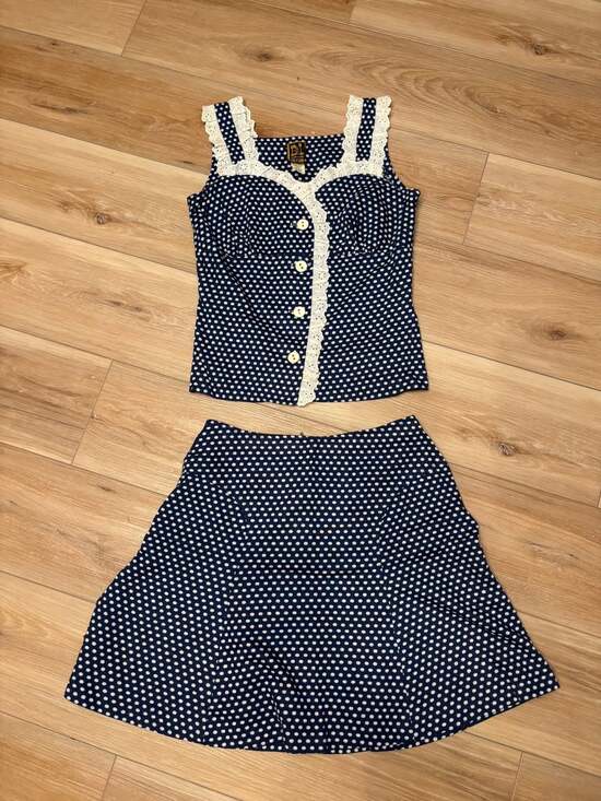 Betty Lou of California Dresses & Skirts - 70s Betty Lou of California Vintage Navy White Polka Dot Eyelet Trim Set no size